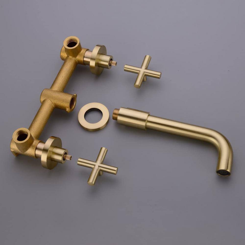 Brushed Gold Double Handle Wall Mount Bathroom Faucet