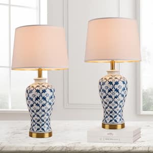 SIMPOL HOME 25 in. White Indoor Ceramic Table Lamp (Set of 2) with Linen Shade for Bedroom Living Room Vintage Bedside