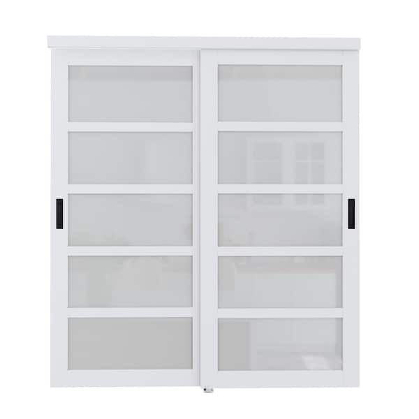 72 in. x 80 in. 5-Lite Frosted Glass Primed White MDF Closet Sliding Door No Grooving Black Handles and Hardware