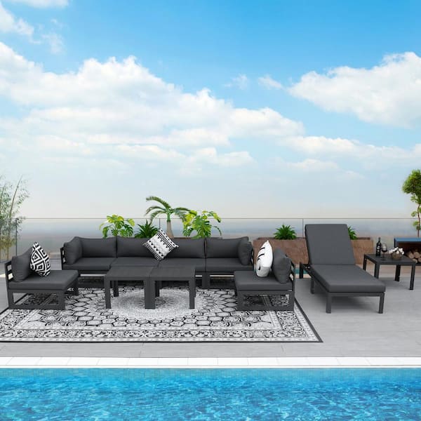 FINCATI 10 Piece Large Outdoor Charcoal Gray Aluminum Patio Conversation Seating Table Set with Gray Cushions and Chaise