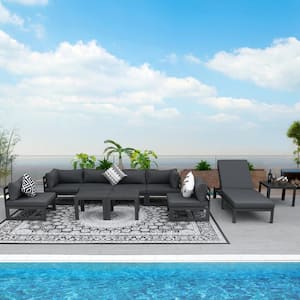 10 Piece Large Outdoor Charcoal Gray Aluminum Patio Conversation Seating Table Set with Gray Cushions and Chaise