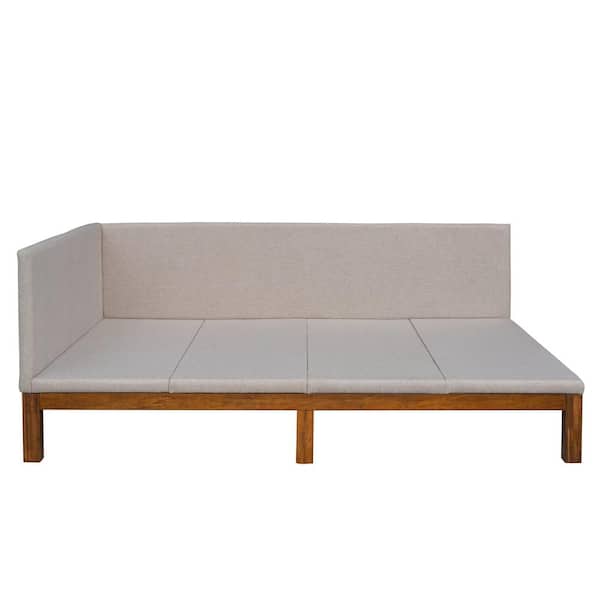 URTR 54.7 in. W Beige Linen Fabric Wooden Full Size Sofa Bed Frame with Backrest and Single Armrest