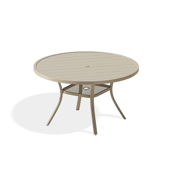 53 in. Round Tabletop Metal Outdoor Dining Table, Patio Table with Umbrella Hole for Garden Backyard Lawn, Sandshell