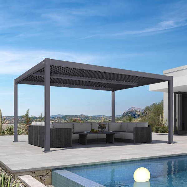 11.6 ft. x 15.1 ft. Gray Aluminum Outdoor Louvered Pergola with 2-Individual Adjustable Roofs and In-Built Gutter System