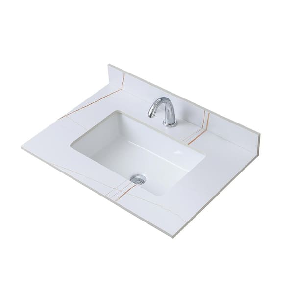Unbranded 31 in. W x 22 in. D Engineered Stone Composite White Rectangular Single Sink Bathroom Vanity Top in White Ceramic Sink