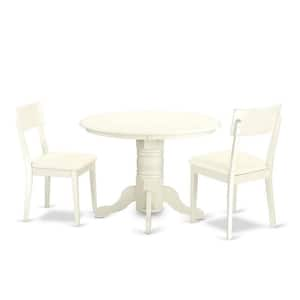 3-Piece Linen White Finish Solid Wood Top - Round Dining Room Set - Seats 4