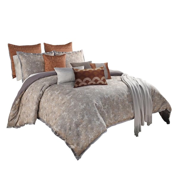 Benjara 12-Piece Gray and Brown Solid Print Polyester King Comforter Set