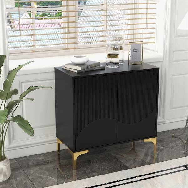 aisword Black Fluted Wood 31.7 in. Buffet Sideboard Cabinet with 2 DoorsandAdjustable Shelf, Set of 1