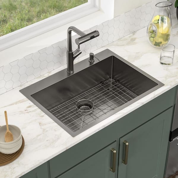 33 in. Drop-In Single Bowl 16 Gauge Gunmetal Black Stainless Steel Kitchen Sink with 4-Function Pull Down Faucet