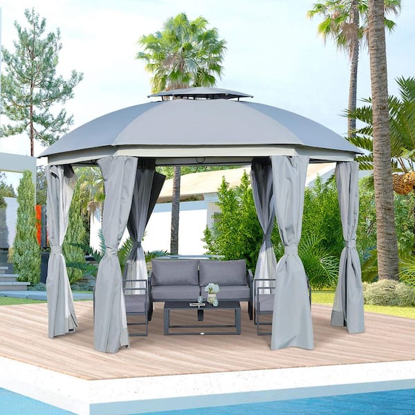 12 ft. x 12 ft. Gray Outdoor Patio Dome Gazebo Canopy Shelter with Double Roof, Netting Sidewalls and Curtains