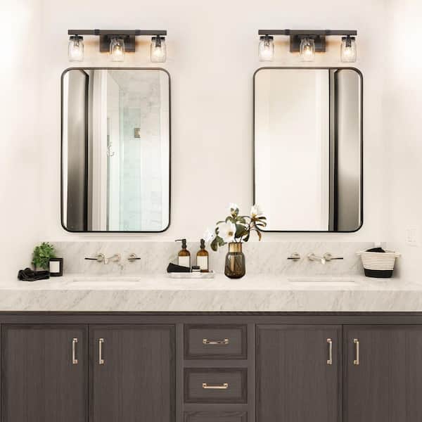Modern Farmhouse Rust Black 3-Light Bathroom Vanity Light with Textured Faux Wood Accent and Mason Jar Glass Shades