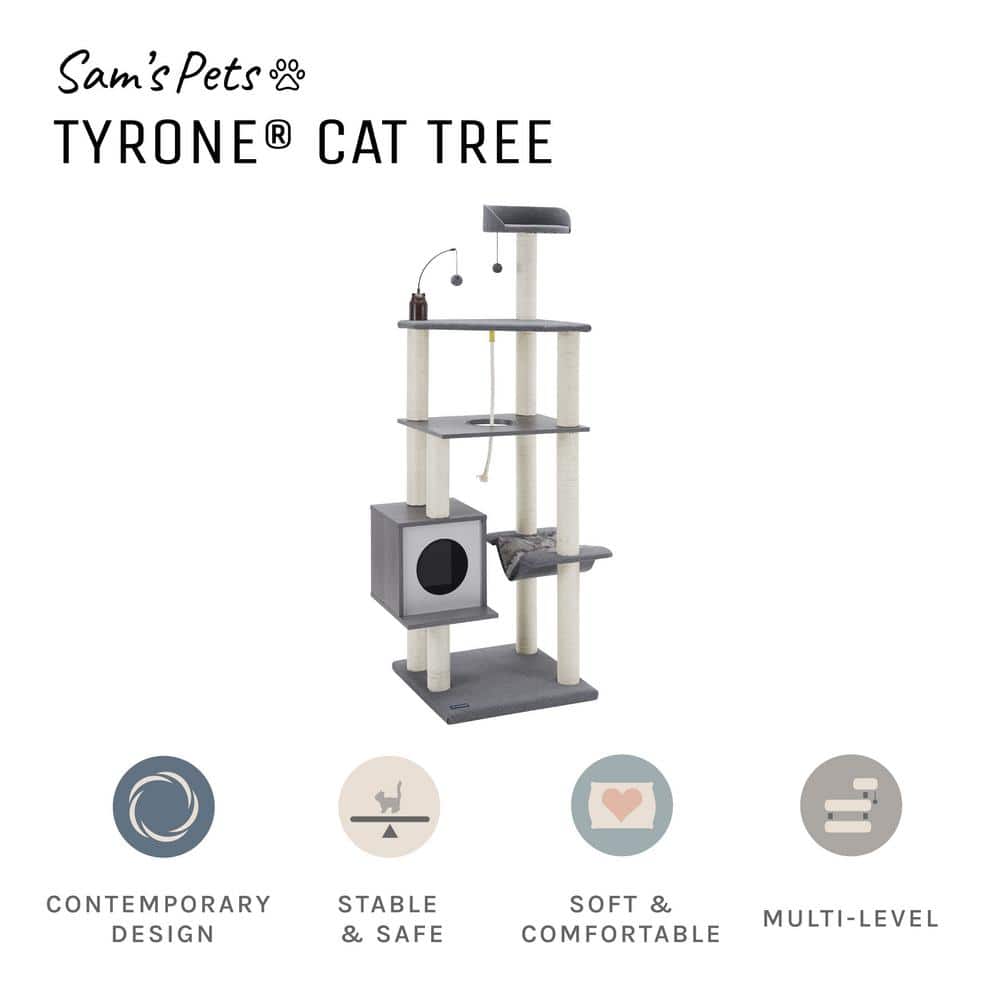 Gray Multi-Tiered Polyester Cat Tree with Hammock and Toys