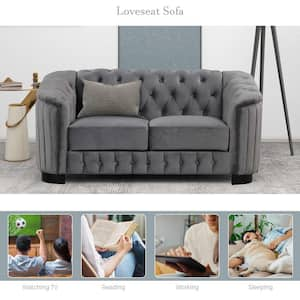 64 in. Square Arm Velvet Rectangle Sofa with Thick Removable Seat Cushion in Gray