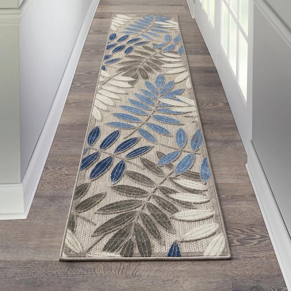 Aloha Gray/Blue 2 ft. x 8 ft. Kitchen Runner Floral Contemporary Indoor/Outdoor Patio Area Rug