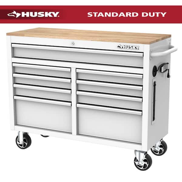 Tool Storage 46 in. W x 18 in. D 9-Drawer Gloss White Mobile Workbench Cabinet