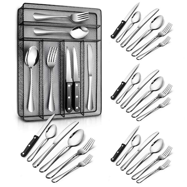 24-Piece Silver Stainless Steel Flatware Set (Service for 4), Include Knife, Fork, Spoon, Steak Knife and Storage Trays