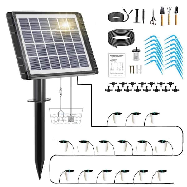 49 ft. Solar Drip Irrigation System for 15 Pots, Auto Watering Kit, 25 Timer Modes, 900ml/min Flow Rate, Indoor/Outdoor