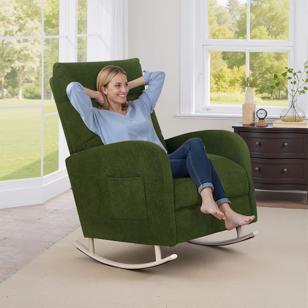 Moss Green Chenille Nursery Armchair Rocking Chair Set of 1 with Metal Legs with Side Pocket for Living Room