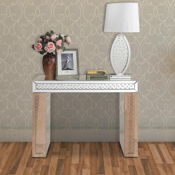 Benjara Silver Mirror Accented Wood and Glass Vanity Desk with Faux Crystal Inlay