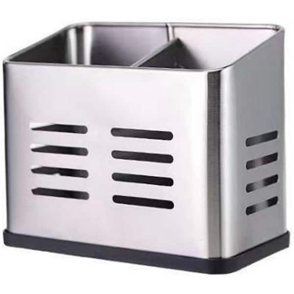 Silver Stainless Steel Kitchen Utensil Holder Organizer with Dual Compartments for Drying Cooking Spoons Utility