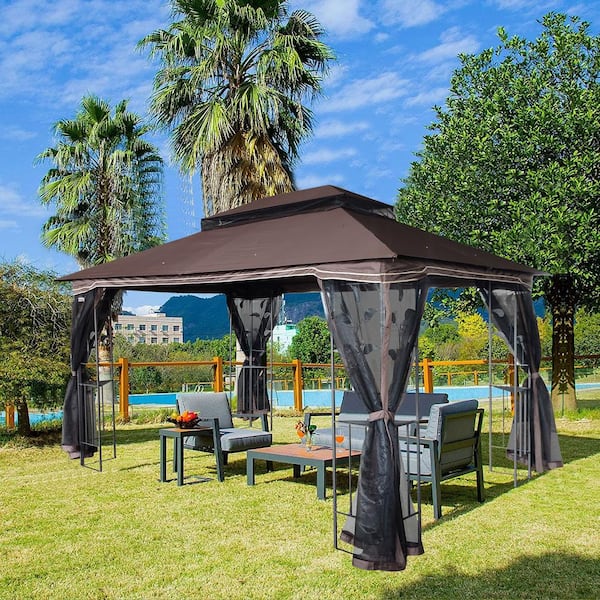 Tunearary Outdoor 13 ft. x 10 ft. Brown Canopy Tent with Ventilated Double Top and Removable Mosquito Netting