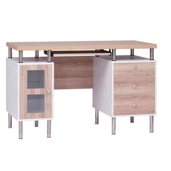HOMESTOCK 47.2 in Contemporary 3-Drawer, 2-Tone Desk with Keyboard Tray and USB Ports Charging Station in White/Natural