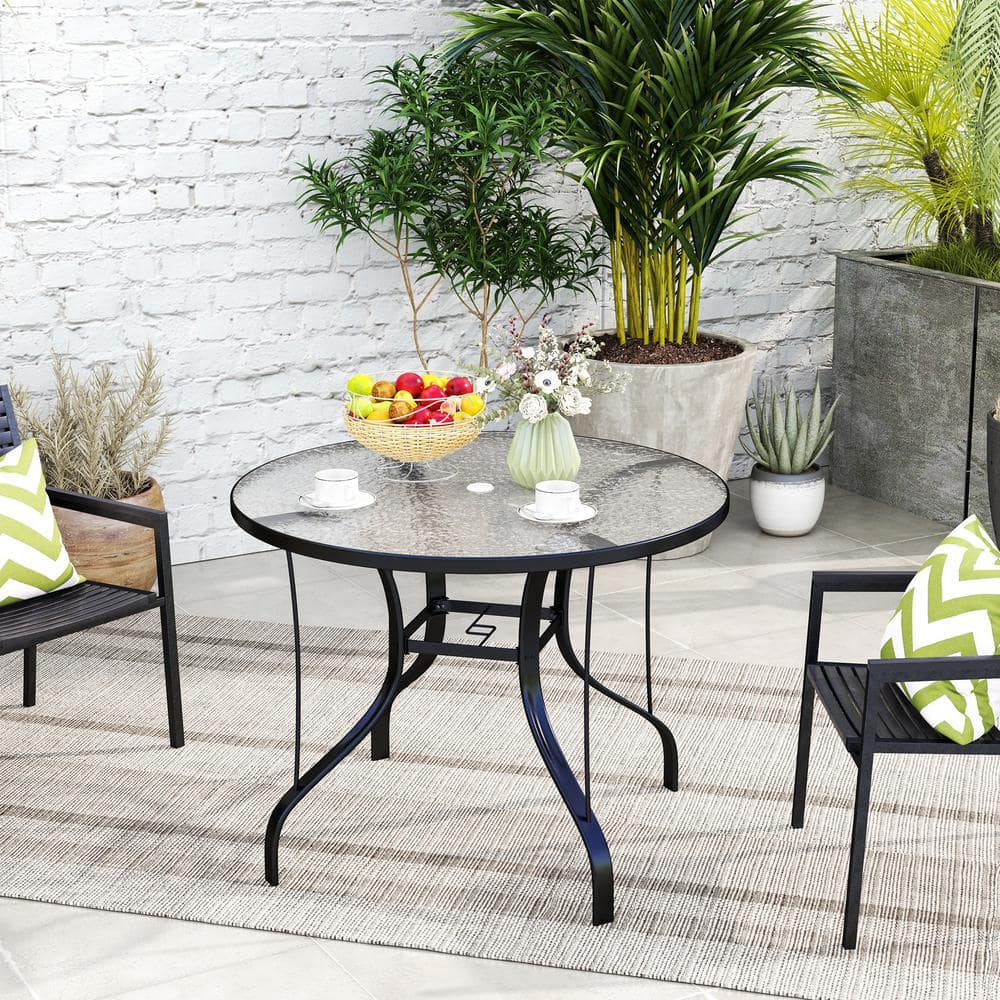 38" Black Round Patio Table with Tempered Glass Top and Umbrella Hole