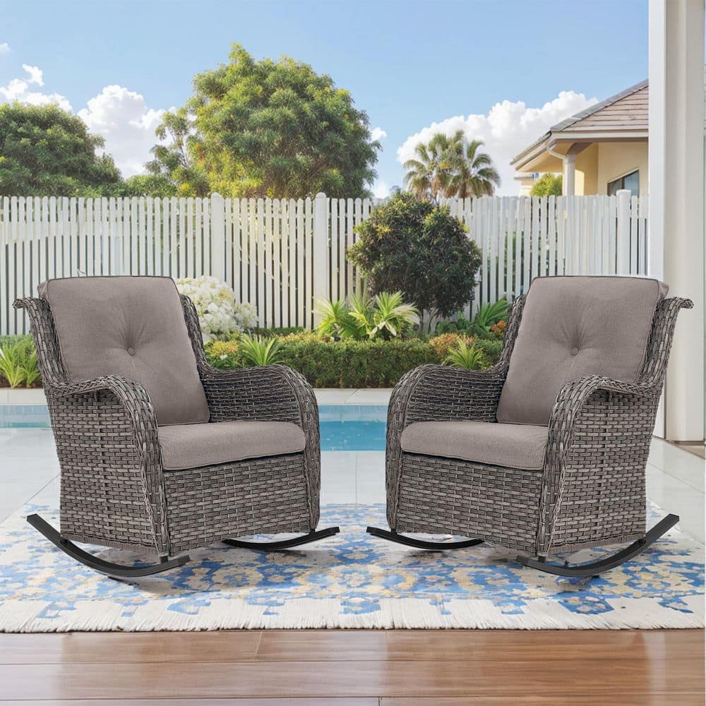 WellCane Gray Wicker 2-Piece Outdoor Rocking Chair Patio Lounge Chair Set of 2 with 3. 9in Thick Gray Olefin Cushions price history on PriceWatchPro
