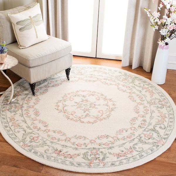 Aubusson 4 ft. x 4 ft. Round Ivory/Pink Floral Area Rug