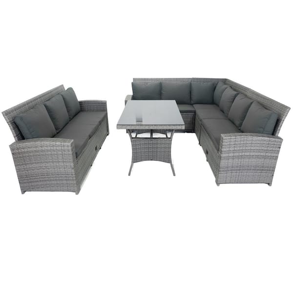 Unbranded 5-Piece Wicker Outdoor 9 Seater Sectional Set with 3 Storage Under Seat Grey Wicker and Dark Grey Cushions