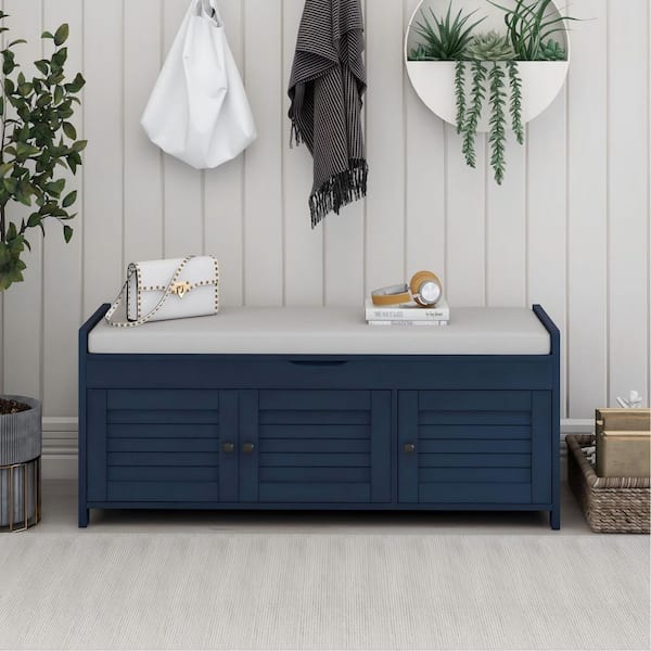 Antique Navy Storage Bench with Removable Cushion and 3 Shutter-shaped Doors