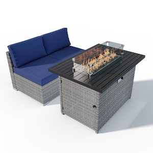 3 Piece Outdoor Armless Wicker Sofa Set with Removable Cushions and Fire Table, Dark Blue