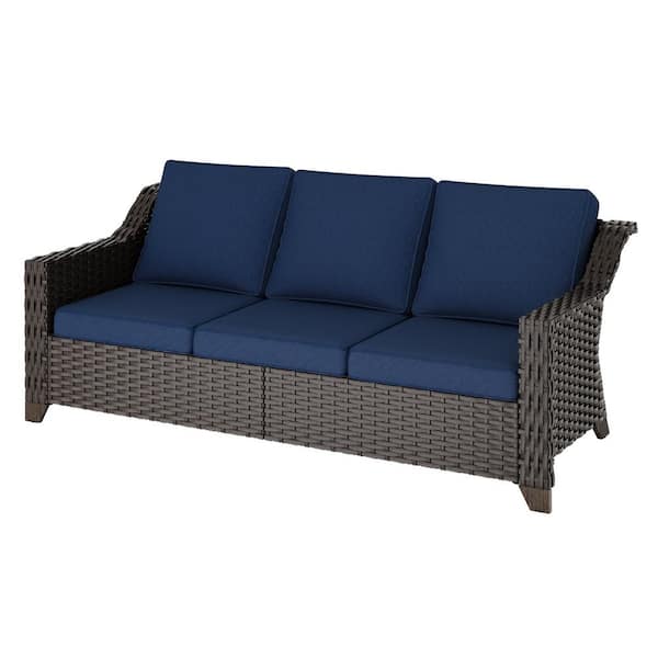 Wicker Outdoor Patio Sectional Sofa with Thick Deep Blue Cushions