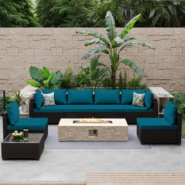PATIO WATCHER 8-Piece Wicker Patio Conversation Set with Cushions and 56 in. Outdoor Rectangle Fire Pit Table, Lake Blue Cushions