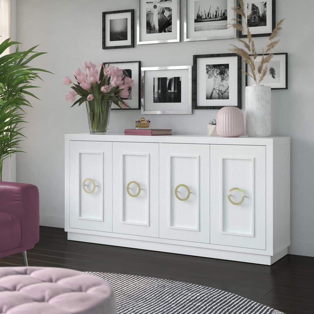 White MDF 64.25 in. Buffet Sideboard with Glam Gold Hardware