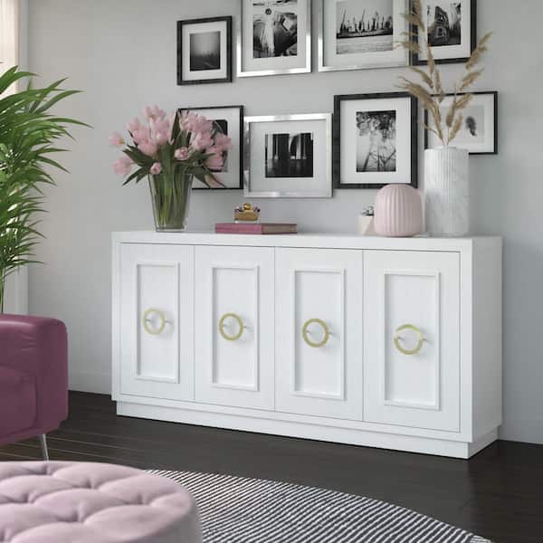 White MDF 64.25 in. Buffet Sideboard with Glam Gold Hardware