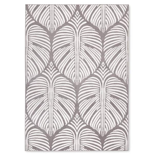 Lanai Palm Leaves Dark Grey/Ivory 5 ft. x 7 ft. Indoor Outdoor Area Rug