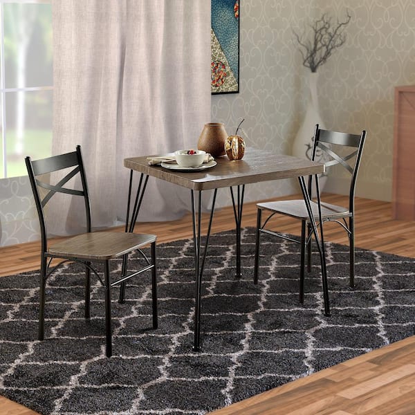 Benjara Industrial Style 3-Piece Brown and Black Wooden Dining Table Set