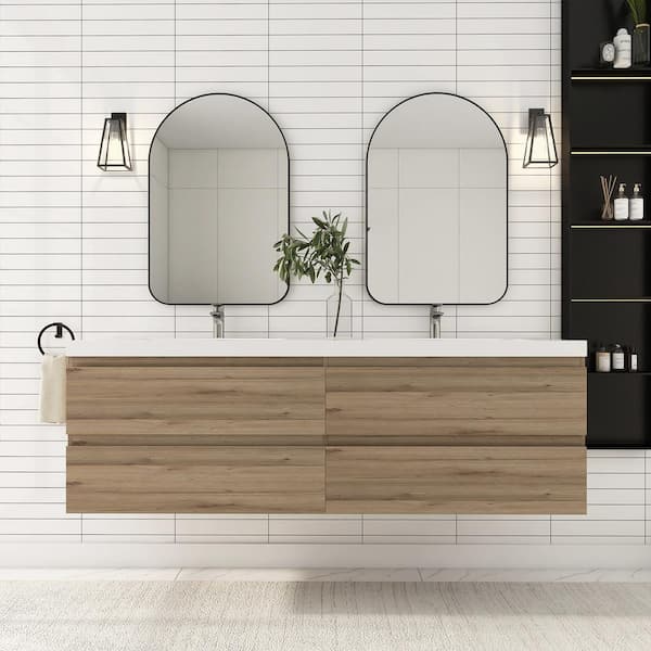 JimsMaison 72 in. W x 19.5 in. D x 20.5 in. H Double Sinks Wall-Mounted Bath Vanity in F. Oak with White Cultured Marble Top
