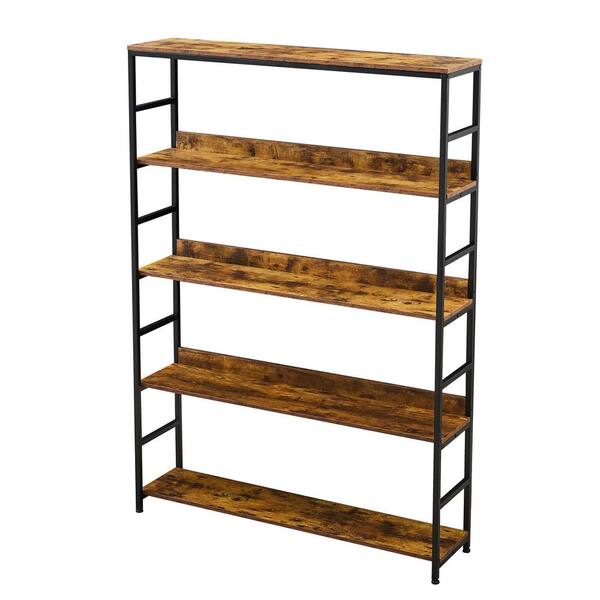 Spaco 68.9 in. Brown Wood 5-Tier Home Office Standard Bookcase Open Bookshelf with Metal Frame