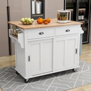 White Rubber Wood Top 52.2 in. W Kitchen Island on 4-Wheels with Sliding Barn Door and 2-Drawers