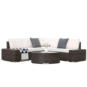 6-Pieces Wicker Outdoor Sectional Sofa Rattan Conversation Set with Beige Cushion