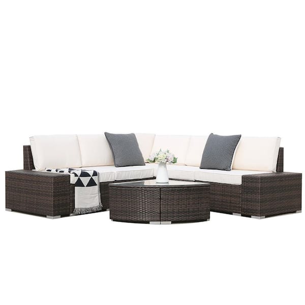 Tunearary 6-Pieces Wicker Outdoor Sectional Sofa Rattan Conversation Set with Beige Cushion