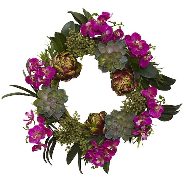 Nearly Natural 20 in. Artificial Orchid, Artichoke and Succulent Wreath  4989 - The Home Depot