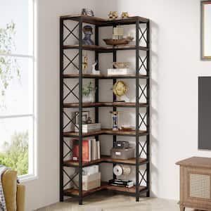 Eulas 78 in. Tall Rustic Brown Engineered Wood 7-Shelf Corner Bookcase, Large Corner Bookshelf Storage Display Rack