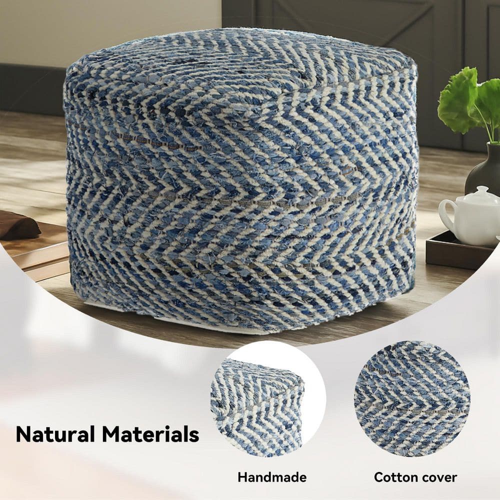 Contemporary Blue Denim Woven Pouf Ottoman 18"