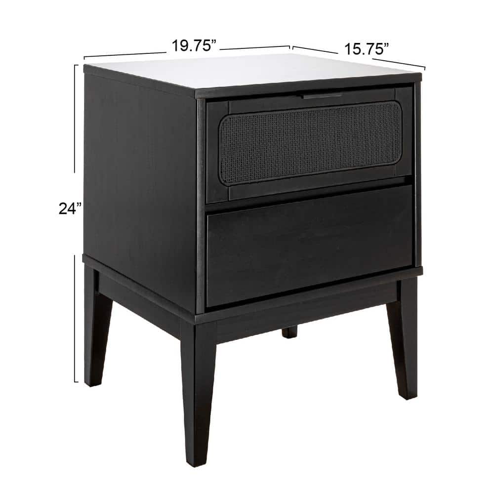 Black Wood Nightstand with Woven Cane Detail and 2 Drawers