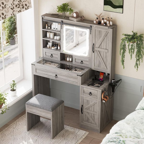 Farmhouse 2-Piece Gray Makeup Vanity Set with Sliding Mirror and Lights, Glass Top, Charging Station, 4 Drawers, Stool