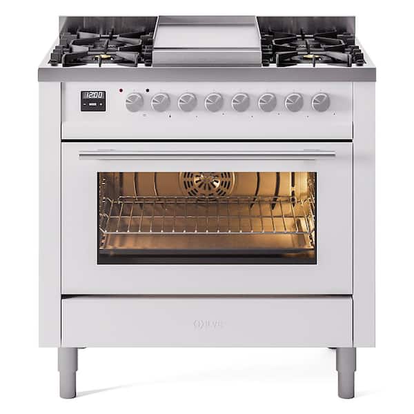 ILVE Professional Plus II 36 in. 6 Burner Plus Griddle Freestanding Dual Fuel Range in White