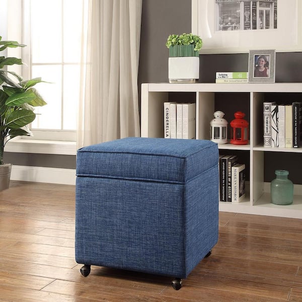 HOMCOM 16 Cube Modern Linen Fabric Pouf Footrest Ottoman Dark Blue